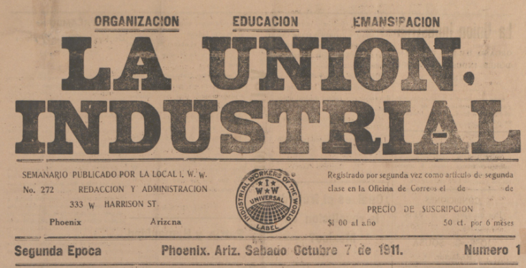 El manchete de La Union Industrial de 7 de octubre de 1911 en Phoenix, Arizona.