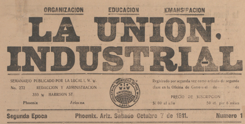El manchete de La Union Industrial de 7 de octubre de 1911 en Phoenix, Arizona.