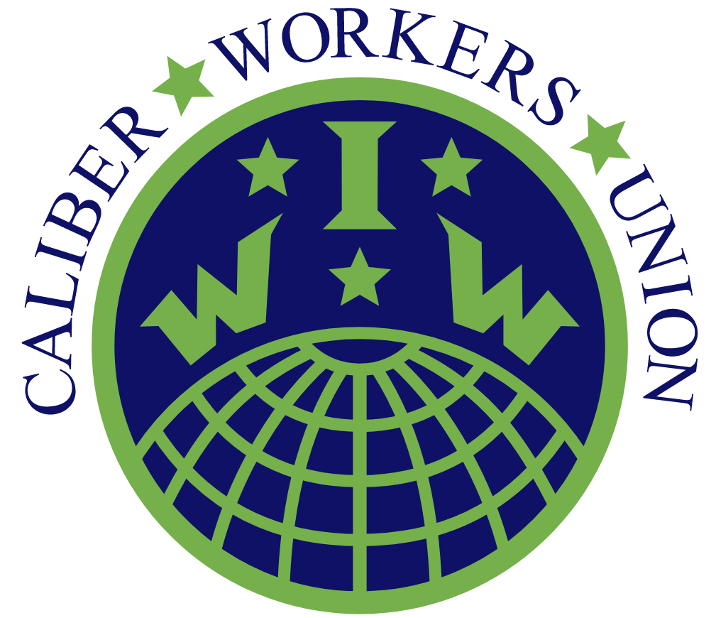 La etiqueta verde e azul del Sindicato de Trabajadores de Caliber.