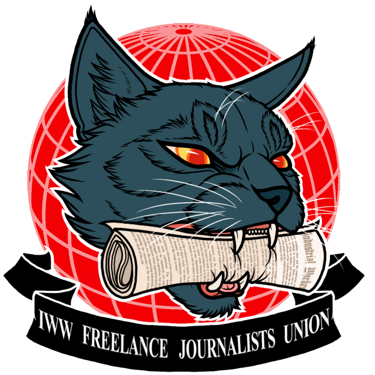 El logotipo del Sindicato de Periodistas Independientes (SPI) de los Trabajadores Industriales del Mundo, que es un gato negro portando en su boca un periódico.
