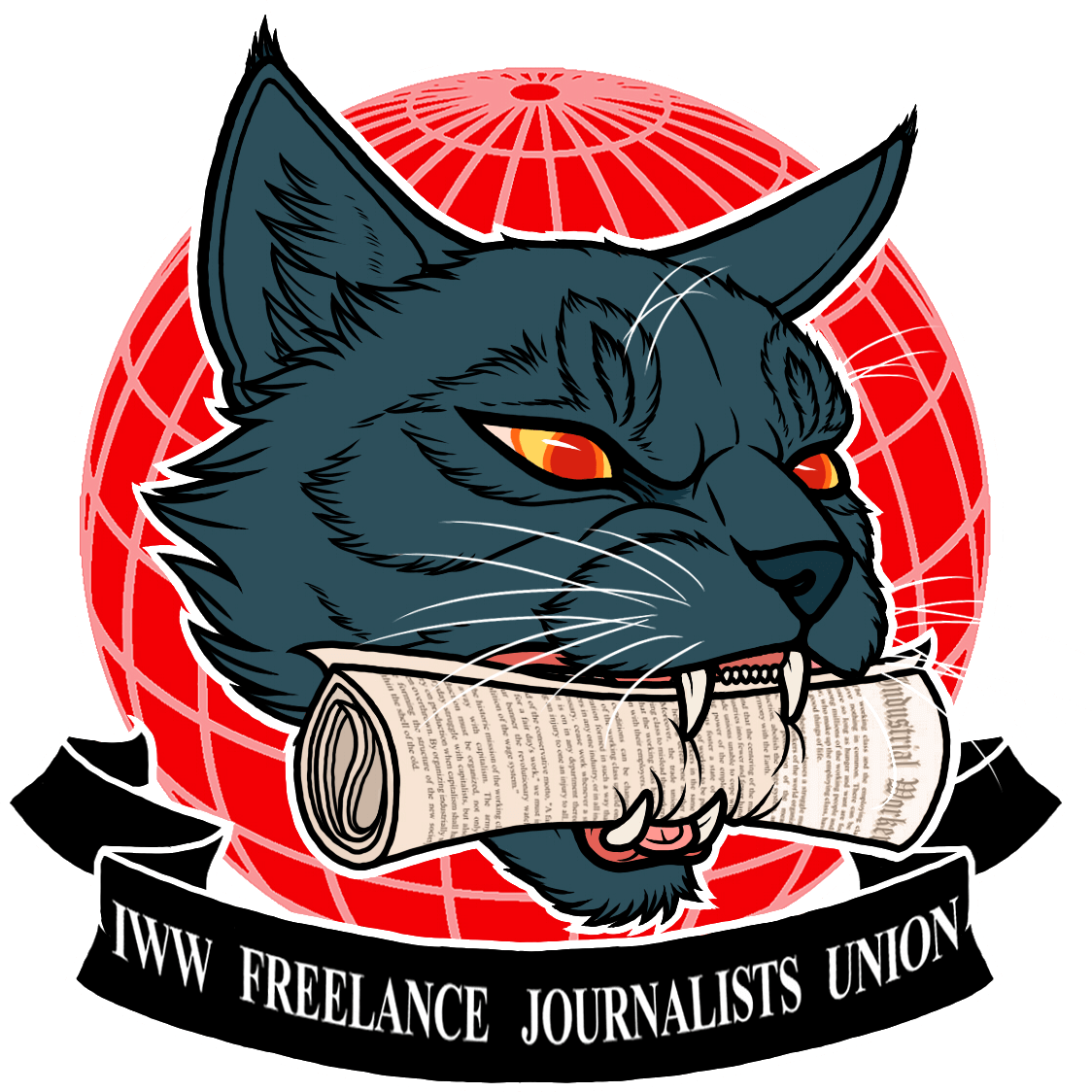 El logotipo del Sindicato de Periodistas Independientes (SPI) de los Trabajadores Industriales del Mundo, que es un gato negro portando en su boca un periódico.