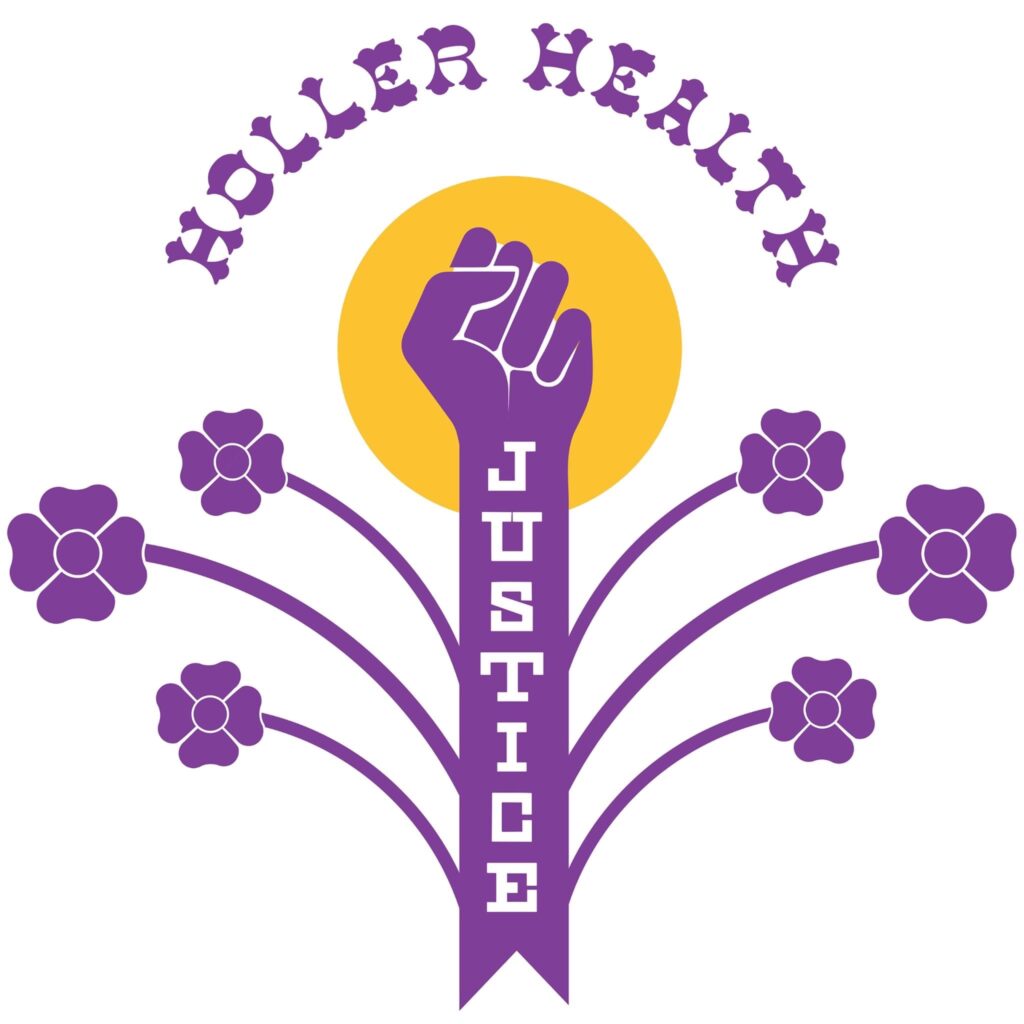 El logotipo de la organización sin fines de lucros Holler Health Justice, que es un puño levantado en solidaridad como un ramo de flores moradas.