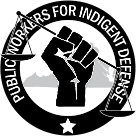 El logotipo del sindicato de los trabajadores de la Comisión de Defensa de Indigentes de Virginia que mostra un puño llevando las escalas no equilibradas de la justicia.
