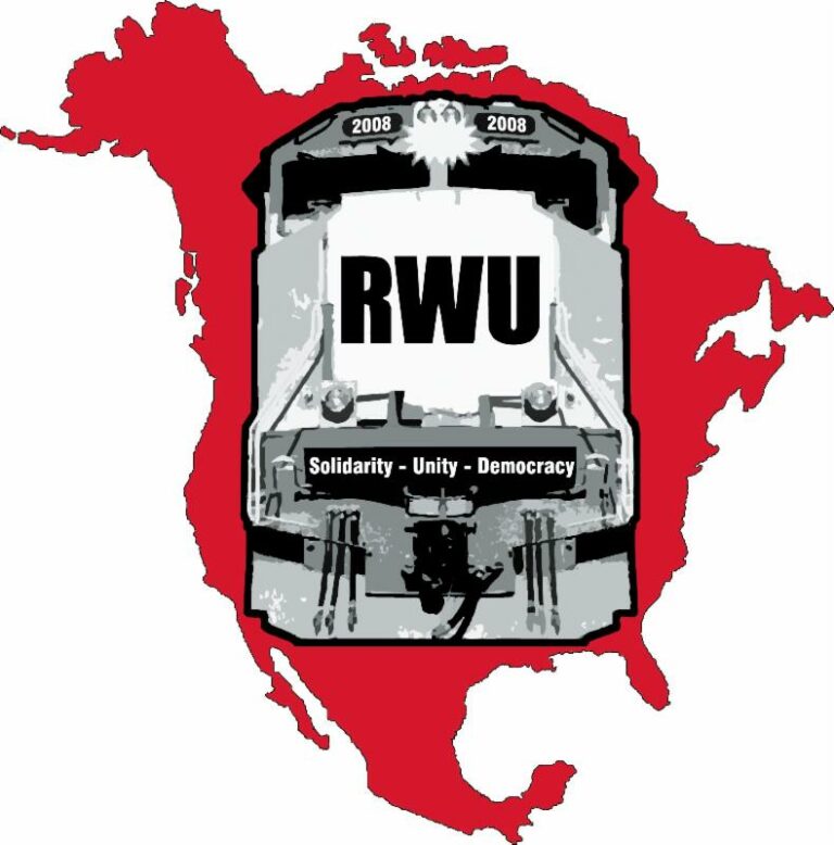 El logo de los Trabajadores Ferroviarios Unidos muestra un tren encima de norteamerica.
