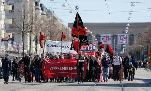 UNa manifestacion de los sindicalistas del SAC en Suecia.