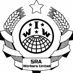 Etiqueta sindical de Trabajadores Unidos de la Asociación Socialista del Rifle. La etiqueta tiene dos paquetes de trigo cosechado envueltos alrededor del globo de los TIM.