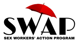 Una sombrilla roja encima de las letras S-W-A-P. La sombrilla es símbolo de la Programa de acción para los trabajadorxs de sexo.