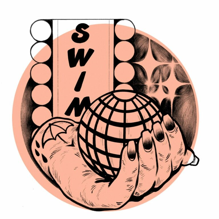Logo del Movimiento Industrial de Trabajadorxs Sexuales en Montreal, Canada. Una mano con el globo de los TIM con un tatuaje de la sombrilla, símbolo de la Programa de acción para los trabajadorxs de sexo.