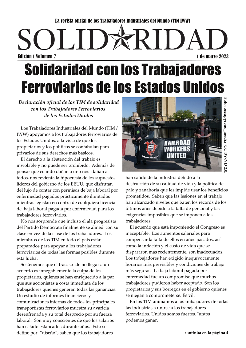 Edición impresa de Solidaridad, 1 de marzo 2023. Titular: Solidaridad con los Trabajadores Ferroviarios de los Estados Unidos.