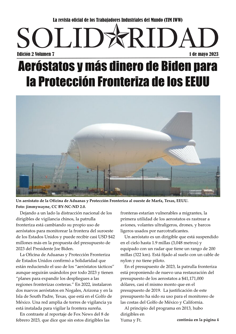 Edición impresa de Solidaridad, 1 de mayo 2023. Titular: Aeróstatos y más dinero de Biden para la Protección Fronteriza de los EEUU