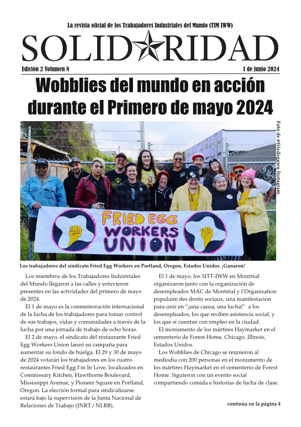La portada de la edición impresa de 1 de junio de 2024 de Solidaridad con el titulo: "Wobblies del mundo en acción durante el Primero de mayo 2024".