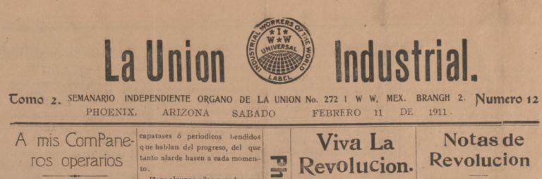 La manchete del periódico de los TIM, El Unión Industrial, publicado en Phoenix Arizona, Estados Unidos.