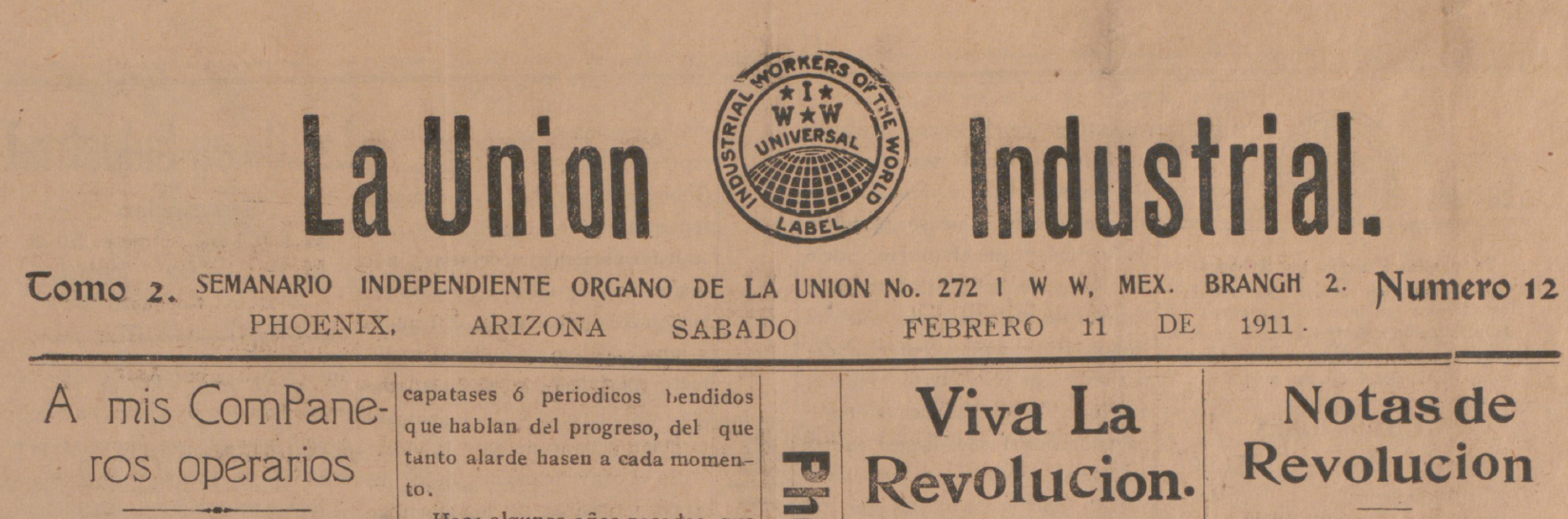 La manchete del periódico de los TIM, El Unión Industrial, publicado en Phoenix Arizona, Estados Unidos.