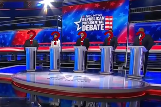 Foto de los cinco candidatos republicanos en el debate de Miami con una pregunta roja encima de sus caras.