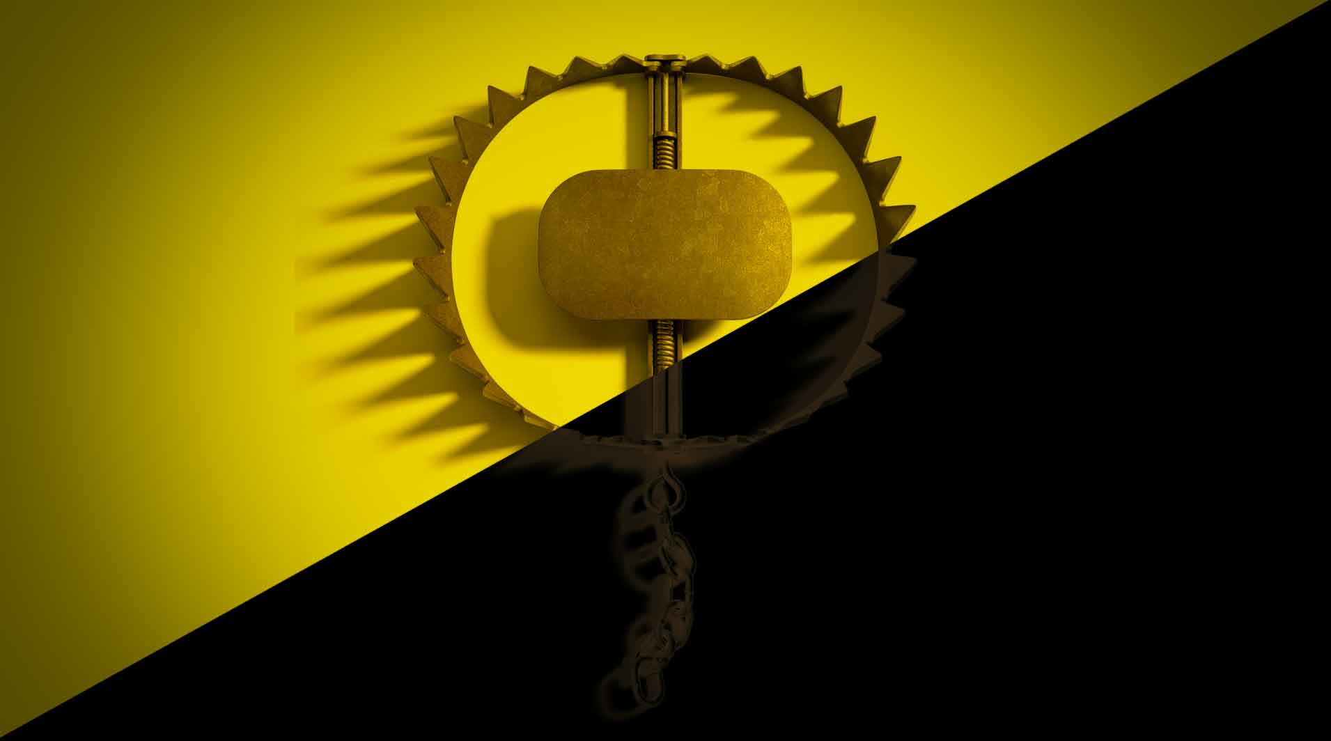 Una grande trampa de metal para atrapar animales encima de una bandera dividida diagonalmente en amarillo y negro que es el símbolo de anarcocapitalismo.